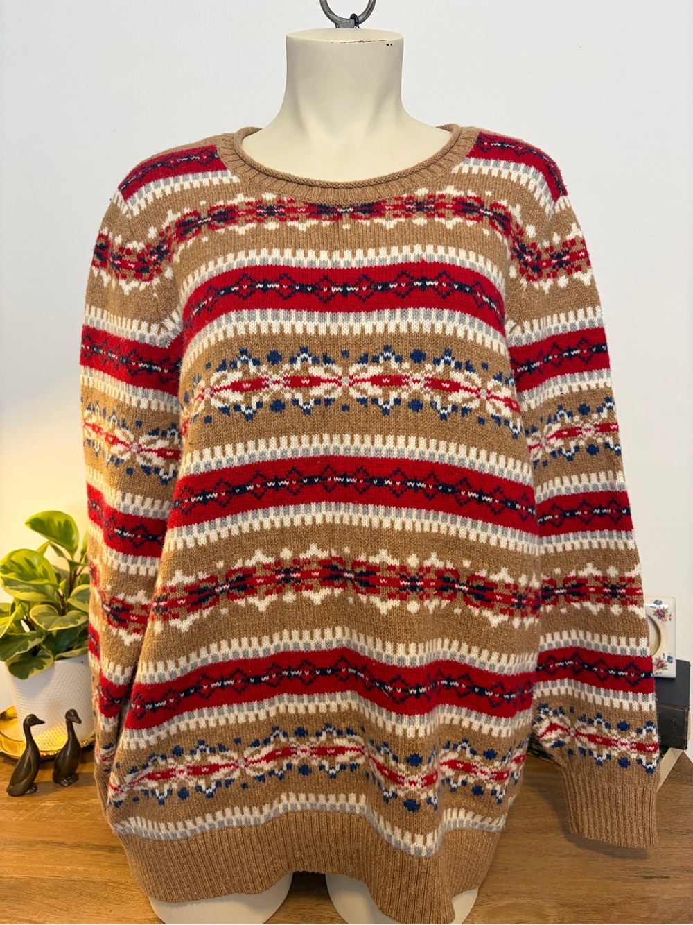 Lands’ End XL 18 Fair Isle Nordic Sweater Tan Red Navy Cotton Blend